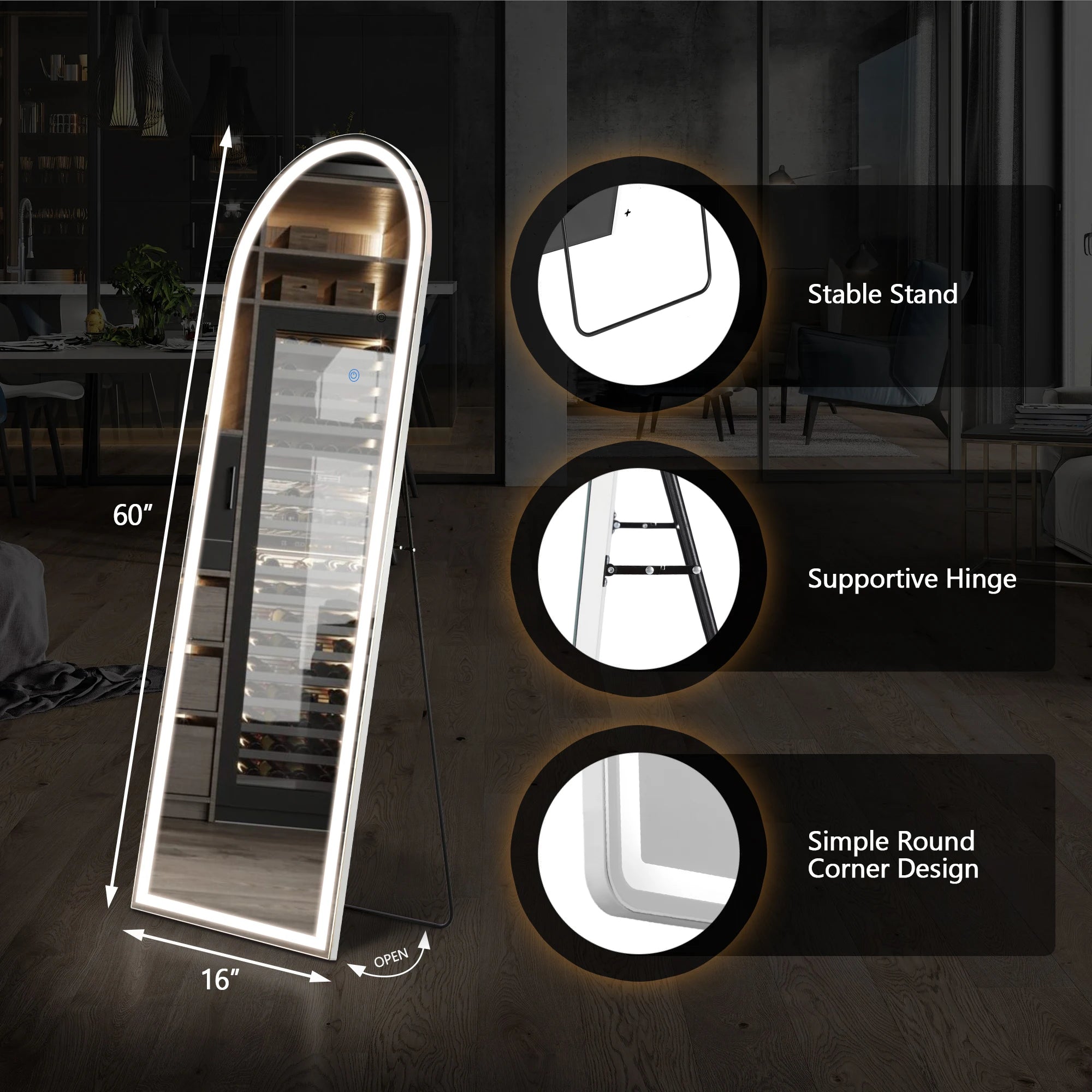 JHK 60"x16" Led Dimming Full Length Mirror 3 Color Lighting Aluminum Alloy Frame Standing Hanging Floor Mirrors For Living Room