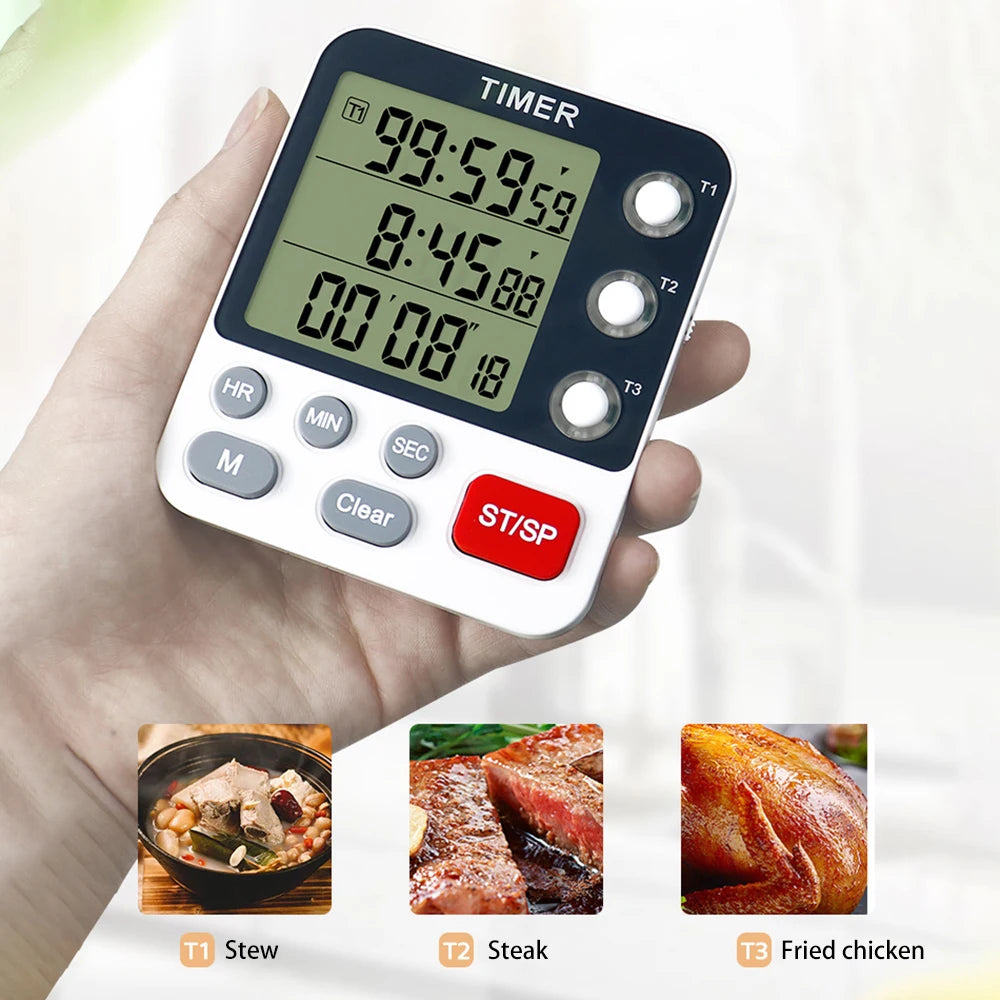 Digital Dual Kitchen Timer 3 Channels Count UP Down Timer Cooking Timer Large Display Loud Volume Alarm with Magnetic Back Stand