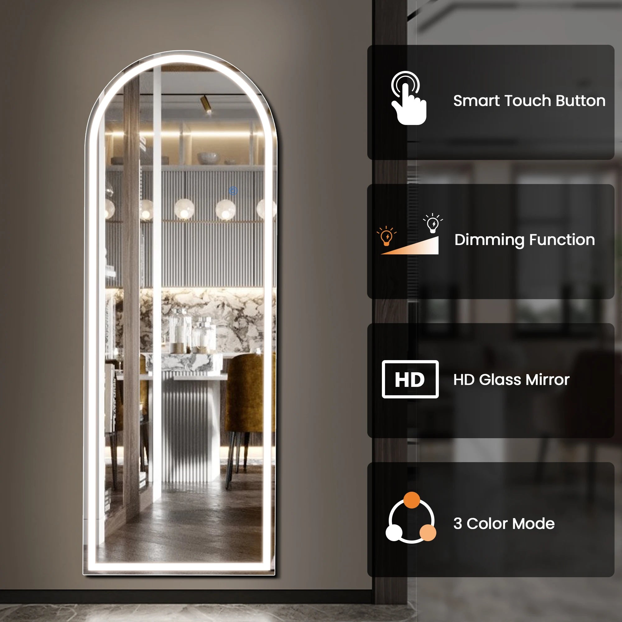 JHK 60"x16" Led Dimming Full Length Mirror 3 Color Lighting Aluminum Alloy Frame Standing Hanging Floor Mirrors For Living Room