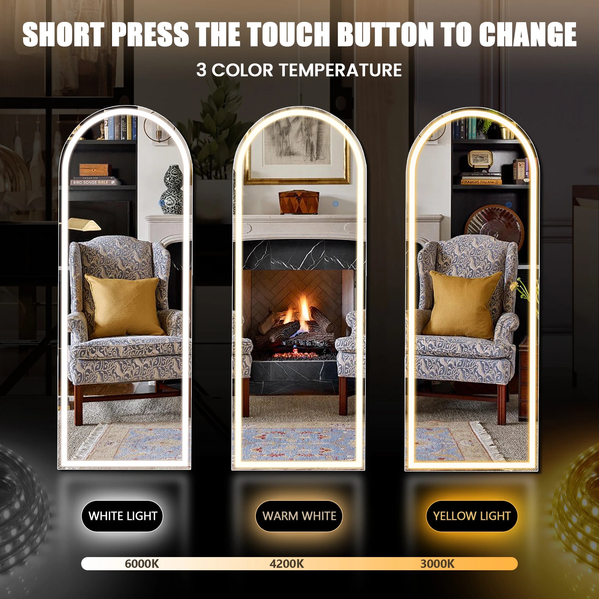 JHK 60"x16" Led Dimming Full Length Mirror 3 Color Lighting Aluminum Alloy Frame Standing Hanging Floor Mirrors For Living Room